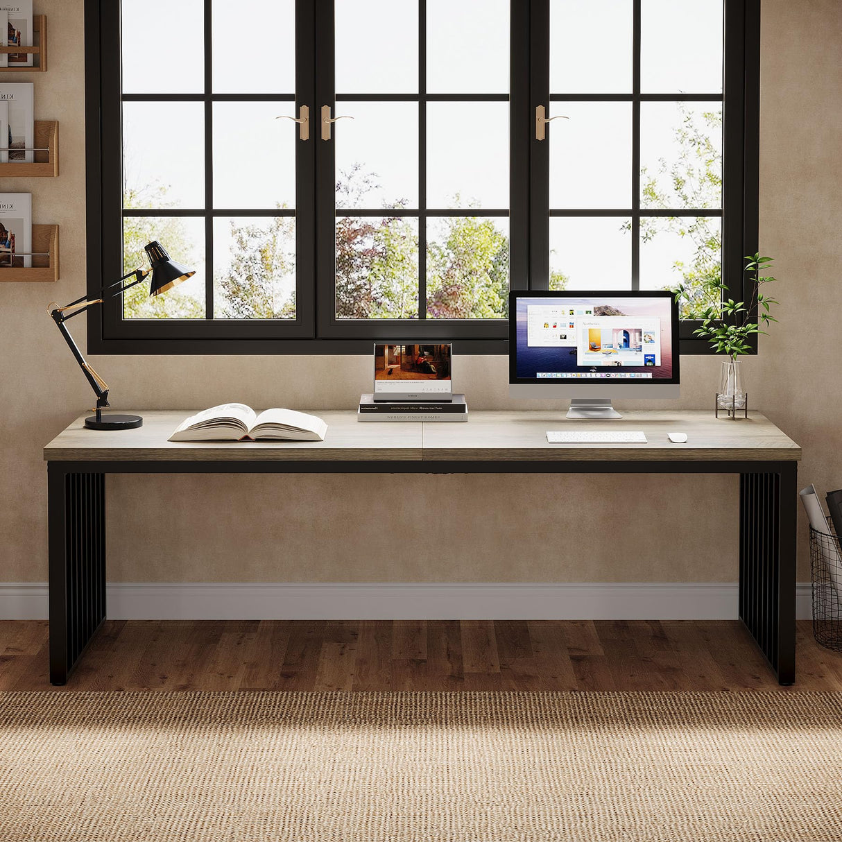 Tribesigns 78" Computer Desk, Extra Long 2-Person Desk with Metal Legs, Double Writing Table with Spacious Space, Industrial Wooden Office Desk, Large Study Desk Workstation for Home Office (Gray) Tribesigns