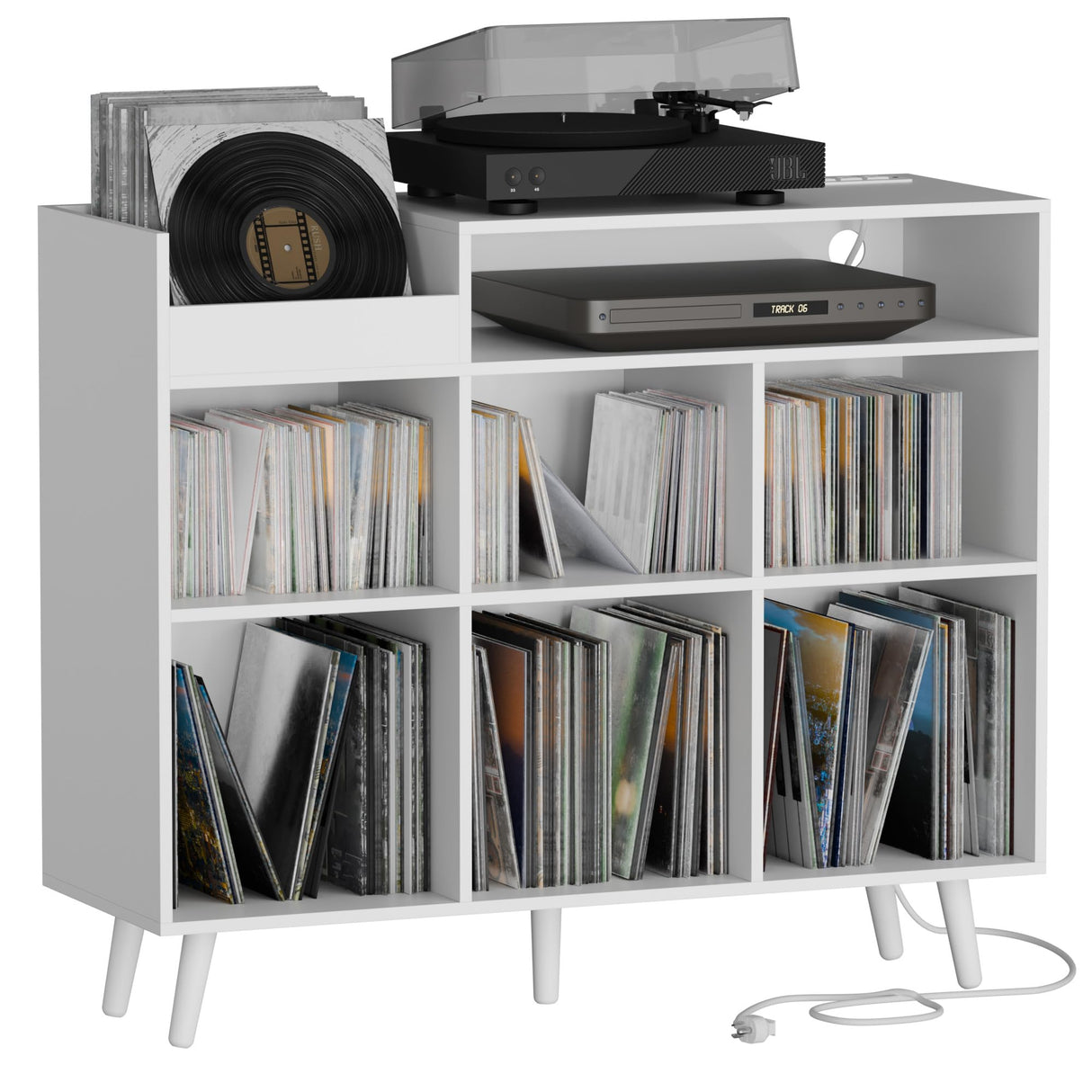 Cozy Castle Record Player Stand, Turntable Shelf with Vinyl Storage up to 500 Albums, Vinyl Record Player Shelf with Power Outlet Sideboard Buffet Cabinet with Storage Accent Cabinet, White Cozy Castle