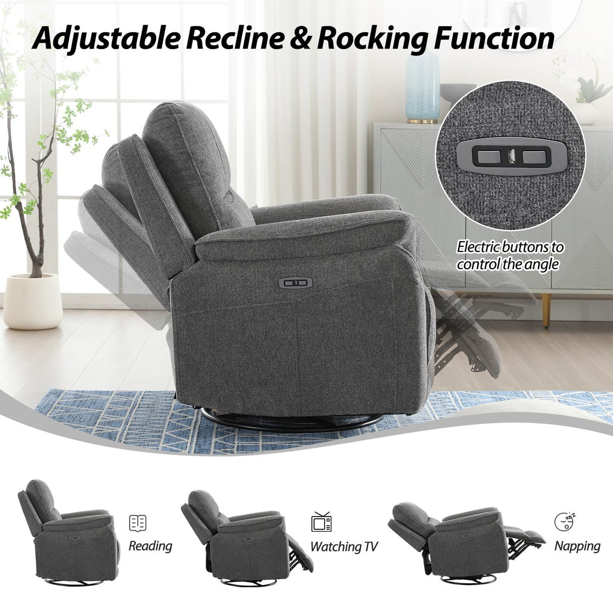 INZOY Glider Recliner Nursery Chair, Power Recliner Swivel Gider, Fabric Electric Swivel Recliner Rocker with Overstuffed Backrest, Power Recliner Chair Reclining Sofa for Living Room, Grey INZOY