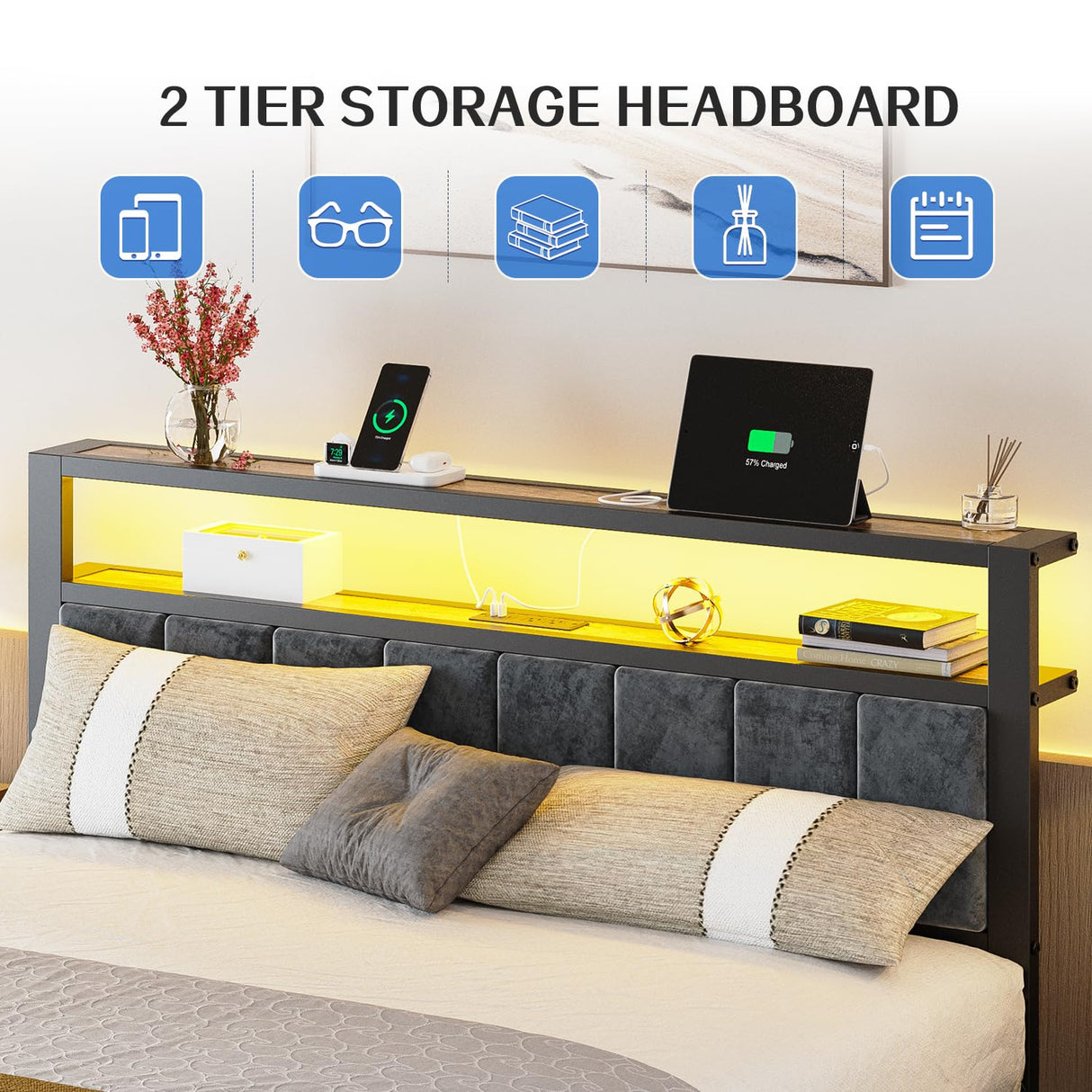 Queen Size Bed Frame with 2-Tier Storage Shelves Headboard, Platform Bed with Charging Station, LED Lights No Box Spring Needed Noise Free Liians