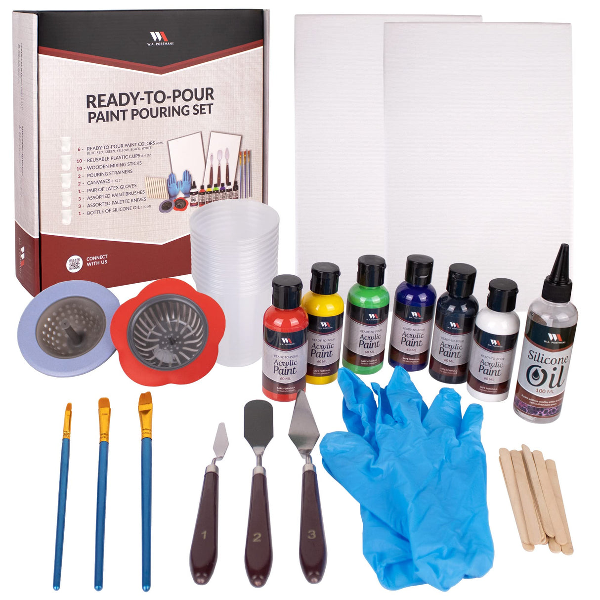 WA Portman 38-PC Ready-to-Pour Acrylic Pouring Paint Set - 6 Bottles of Acrylic Paint Kits for Adults and Kids - Painting Sets with Canvas Painting Supplies and Brushes W.A. Portman