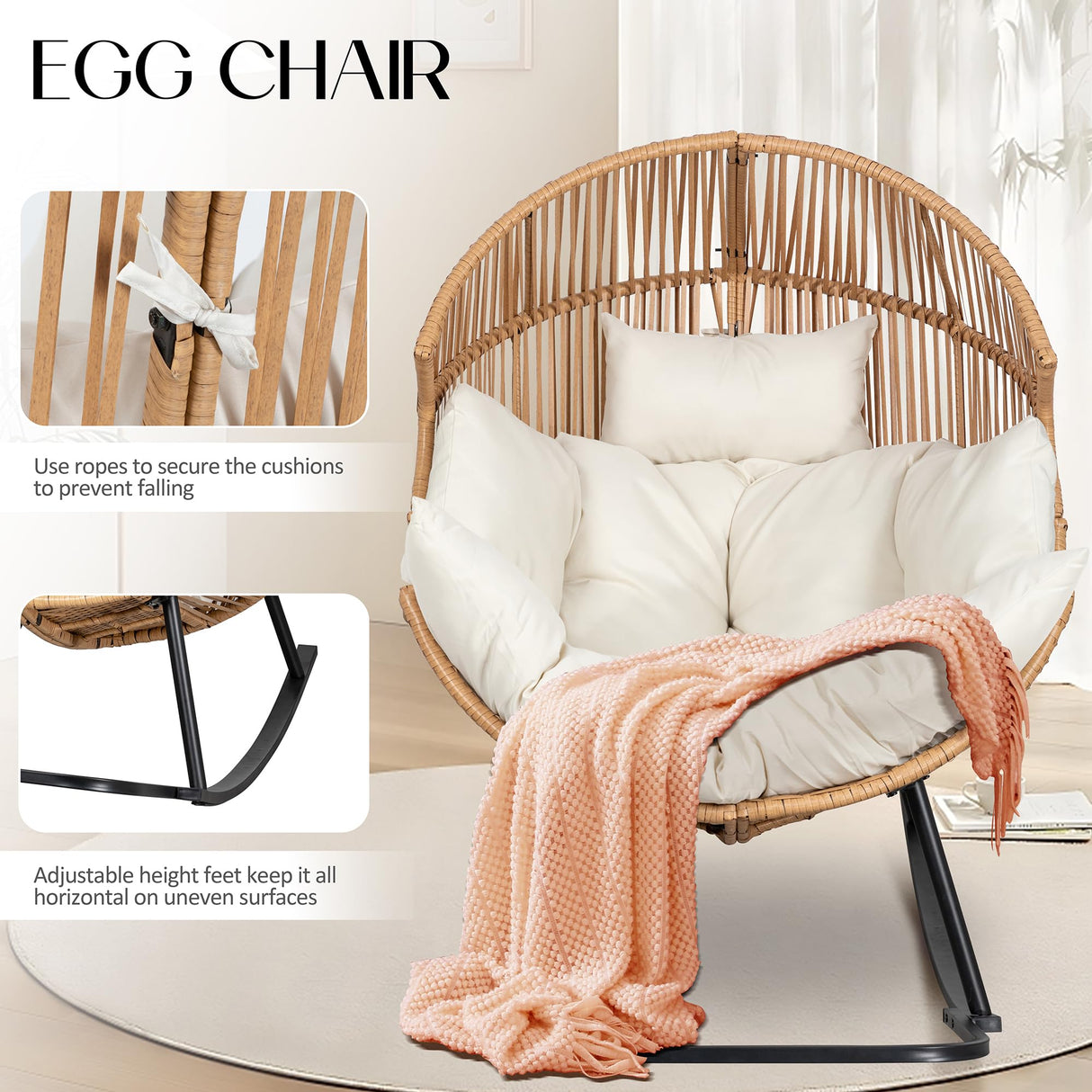 JAMFLY Egg Chair Outdoor Rocking Chairs, Wicker Patio Chair Oversized Lounger Chair with Cushion for Indoor Living Room Bedroom Outside Patio Backyard Balcony, Beige JAMFLY