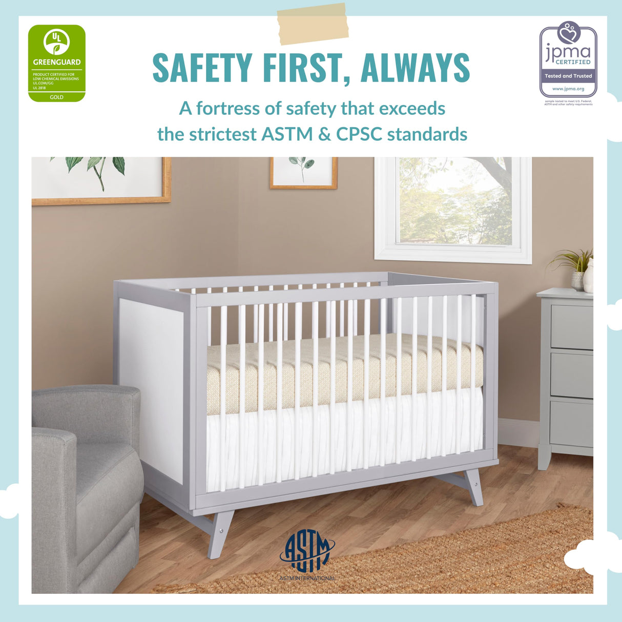 Dream On Me Carter 5-in-1 Full Size Convertible Crib / 3 Mattress Height Settings/JPMA Certified/Made of New Zealand Pinewood/Sturdy Crib Design, Grey & White Dream On Me