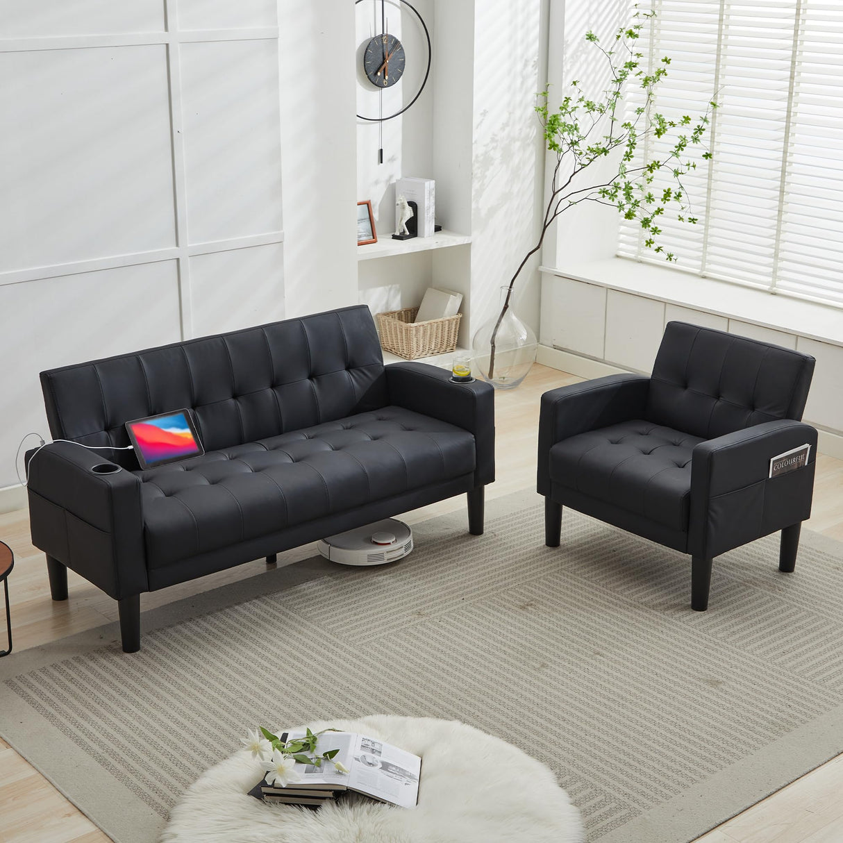 TYBOATLE Sofa Couch 62" W Loveseat w/ 2 USB Charger Ports & 2 Cupholders, Mid-Century Modern Black LeatherTufted Small Love Seat Couches for Office,Compact Living Room,Bedroom,Apartment,Dorm (2) TYBOATLE