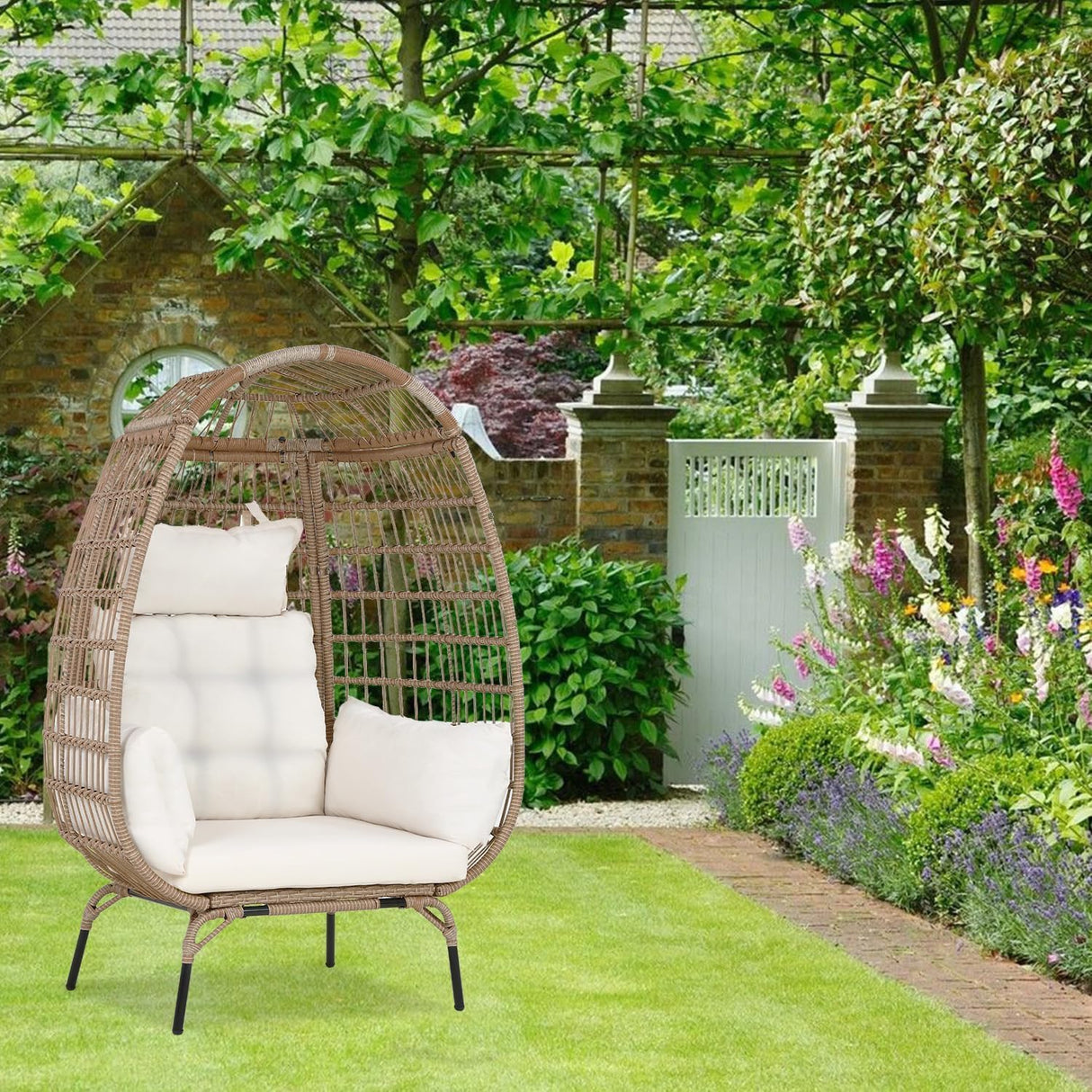 BestMassage Egg Chair Oversized Wicker Egg Chair Outdoor Chair 352lbs Capacity All Weather PE Rattan Patio Chair with Removable Thick Cushions for Balcony Backyard Paito Indoor Outdoor, White BestMassage