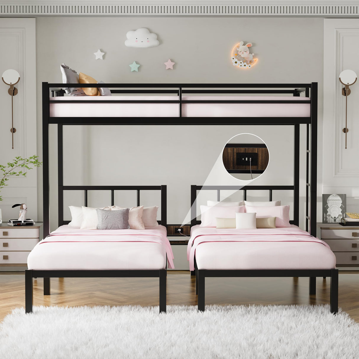 DreamBuck Triple Bunk Bed with Charging Station, Twin Over Twin Over Twin Metal Bunk Bed with Ladder, Guardrail & Storage Shelf, Convertible 3 Bunk Beds for Kids & Adults, Black DreamBuck