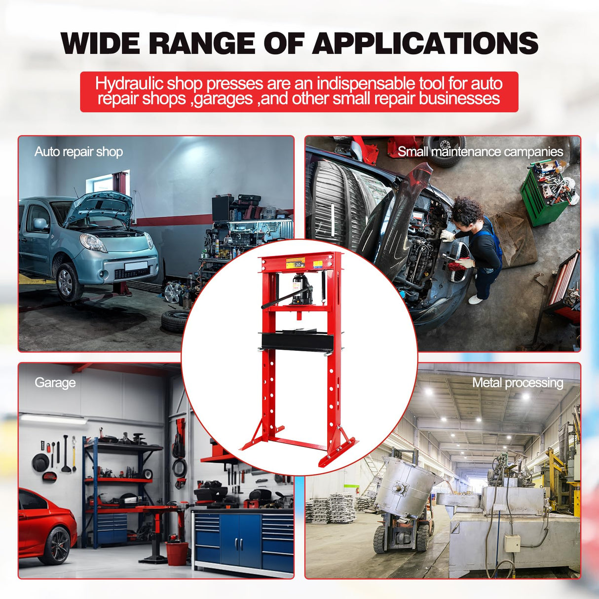 20 Ton Hydraulic Garage Press, H-Frame Hydraulic Shop Press with Adjustable Height, Garage Benchtop Press with Stamping Plates to Bend, Red ClassyThreads