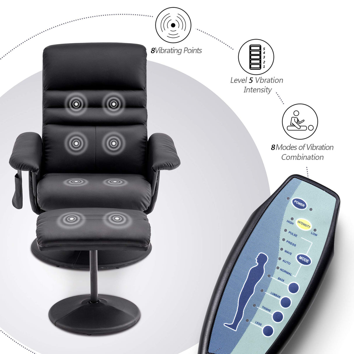 MCombo Recliner with Ottoman, Reclining Chair with Massage, 360 Swivel Living Room Chair Faux Leather 7902 (Black) MCombo