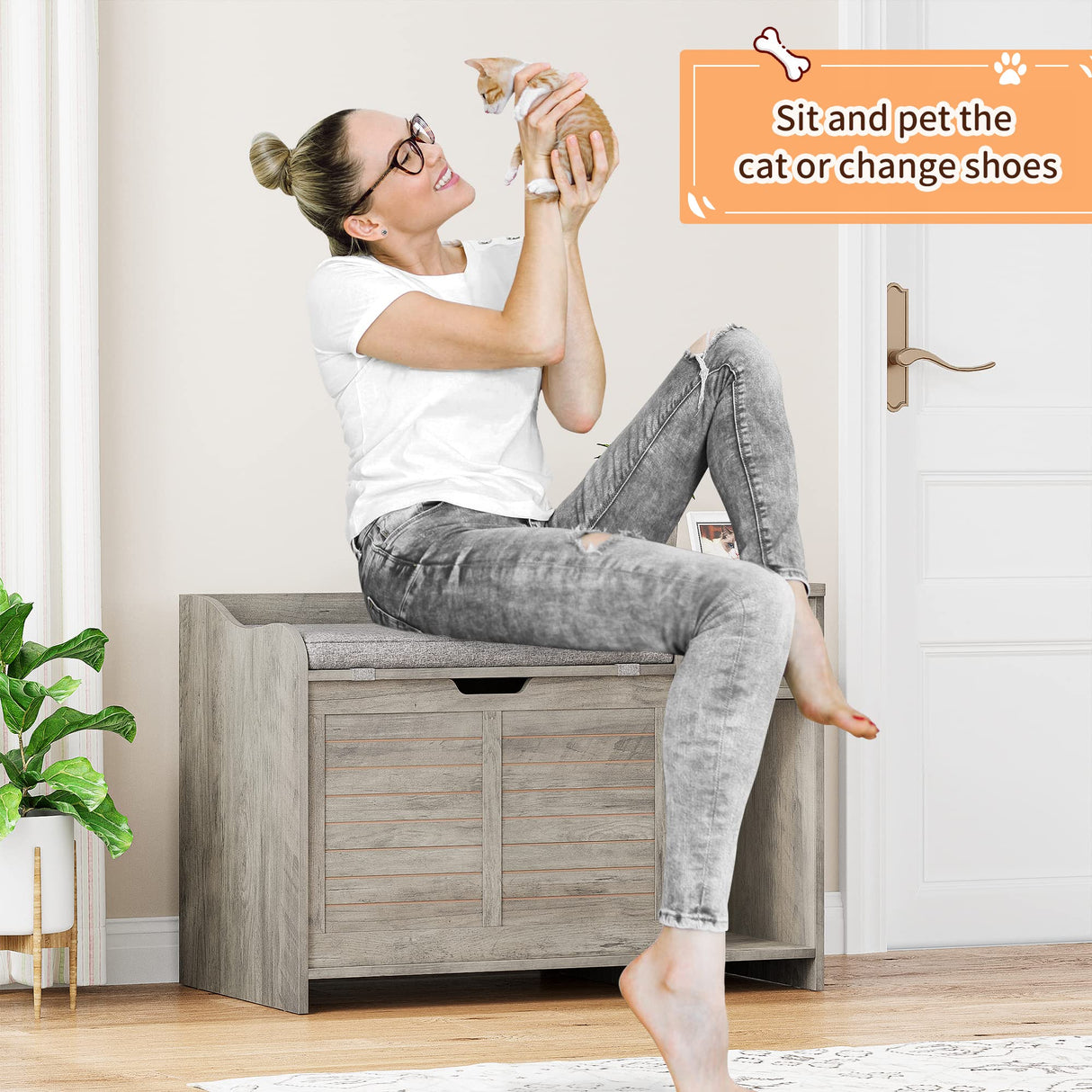 TROPOW Cat Litter Box Enclosure Furniture with Top Opening and Cushion, Hidden Litter Box Cabinet with Storage, Privacy Cat Box Enclosure, Grey TROPOW