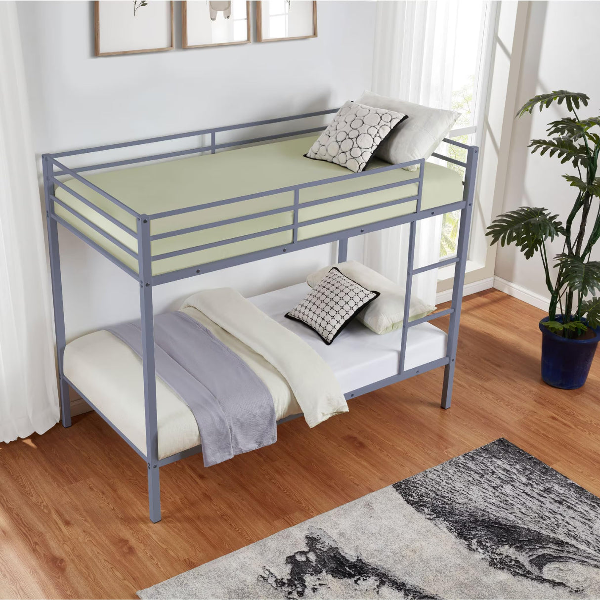 Metal Bunk Bed Twin Over Twin, Low Profile Bunk Bed Frame withBuilt-in Ladder, High Guardrail and Metal Slats, Space-Saving Twin Size Bed Frame for Kids Teens, No Box Spring Required Softa