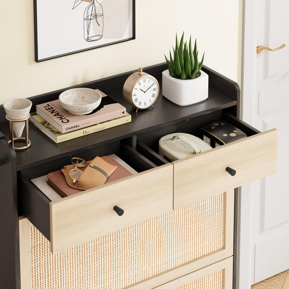 Jocoevol Rattan Shoe Cabinet Storage with 2 Flip Drawers & 2 Drawers, Freestanding Narrow Wood Shoe Cabinet with Metal Legs for Entryway Hallway, Light Black Jocoevol