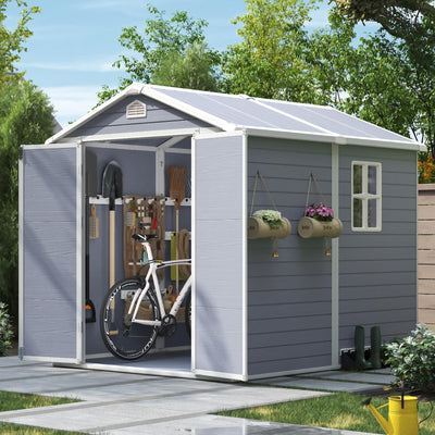 Aoxun 6X8 FT Resin Outdoor Storage Shed with Floor, Plastic Garden Shed with Lockable Door and Window, Tools House to Store Patio Furniture, Bike Accessories, Garbage Can and Lawn Mower - Grey