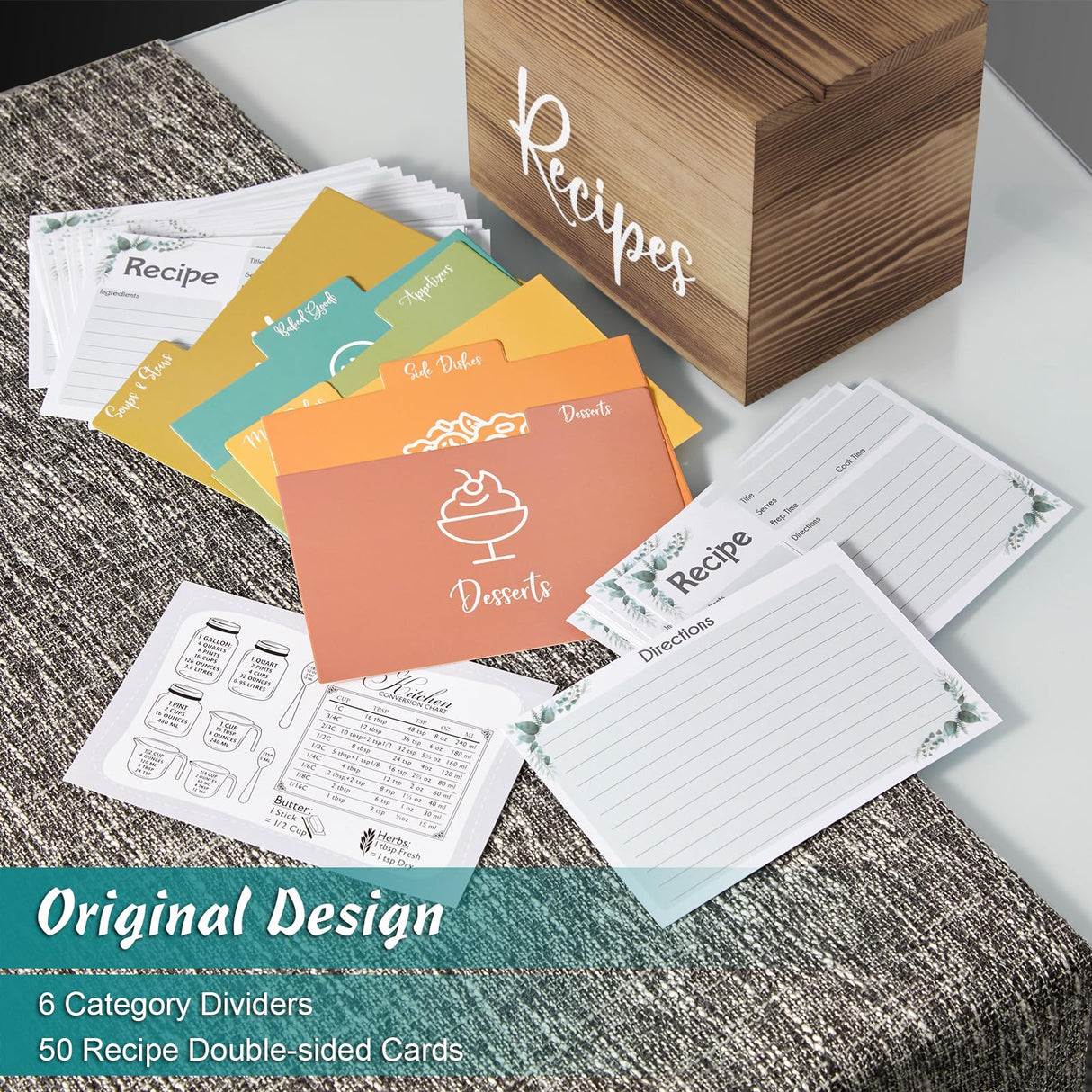 DRASTAR Recipe Card Box, Recipe Holder 4x6, Recipe Organizer with 50 Cards and 6 Dividers, Index Card Box, Wooden Box for Kitchen Countertop, Brown DRASTAR