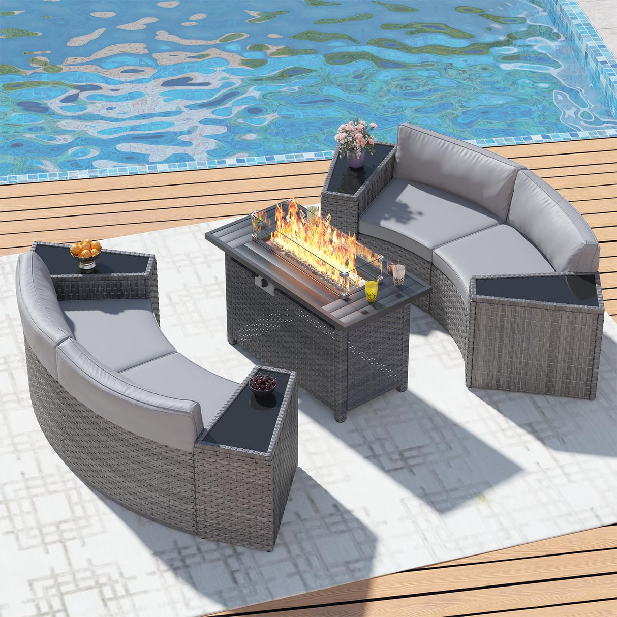 ABCASA 9-Piece Half Moon Patio Furniture Set with 44" Fire Pit Table, Curved Outdoor Sofa Set w/Thick Cushion & Wedge Side Table, Wicker Patio Sectional Conversation Sets for Porch,Backyard (Grey) ABCASA