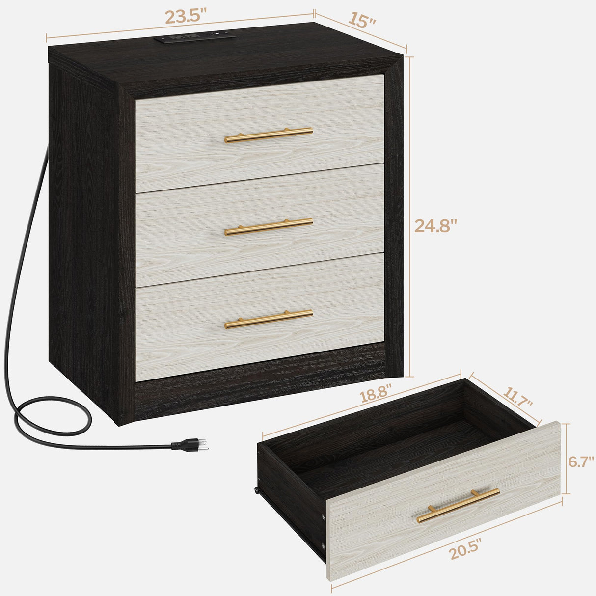 SICOTAS 24" Night Stands Set of 2, Black Nightstand with Charging Station, Large 3 Drawers Nightstand, Tall Mid Century Modern Nightstands Bedroom Bed Side Table for Bedroom Living Room Sofa SICOTAS