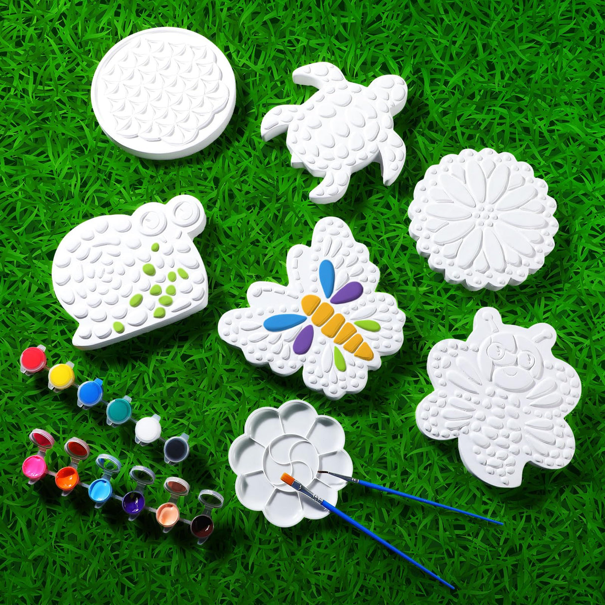 PullCrease 6 Pack Paint Your Own Plaster Stones - Kids Summer Arts and Crafts Garden Handprint Stepping Stone Painting Kit DIY Ceramic Craft Pottery Outdoor Painting Gifts for Kids Ages 4-12 PullCrease