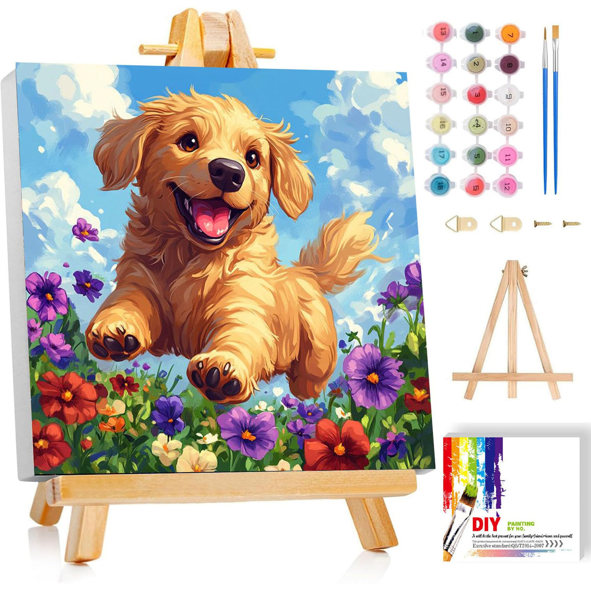 Dog Paint by Numbers Kit for Kids with Frame - Cute Dog Paint by Number for Kids, Kid Painting by Number Kits Age 8-12 for Home Wall Decor 8X8inch (with Wooden Easel) ajepon