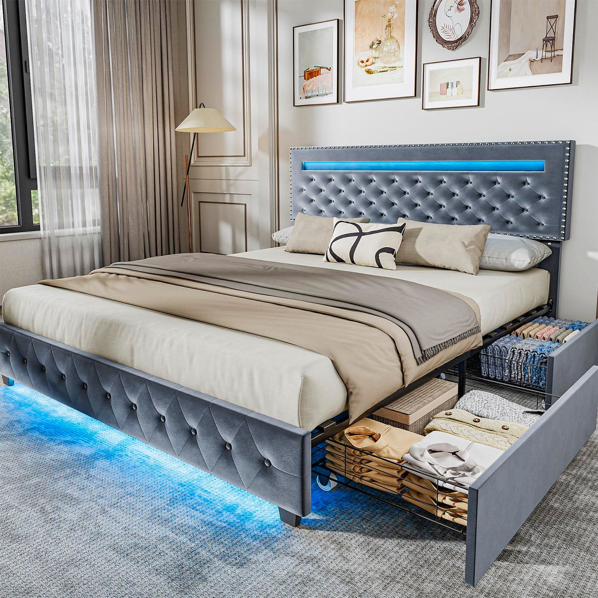 BedsPick Queen Size Bed Frame with LED Lights, Velvet Upholstered Platform Queen Bed Frame with 4 Storage Drawers and Adjustable Headboard, No Box Spring Needed Queen Bedframe, Noise Free, Light Grey BedsPick