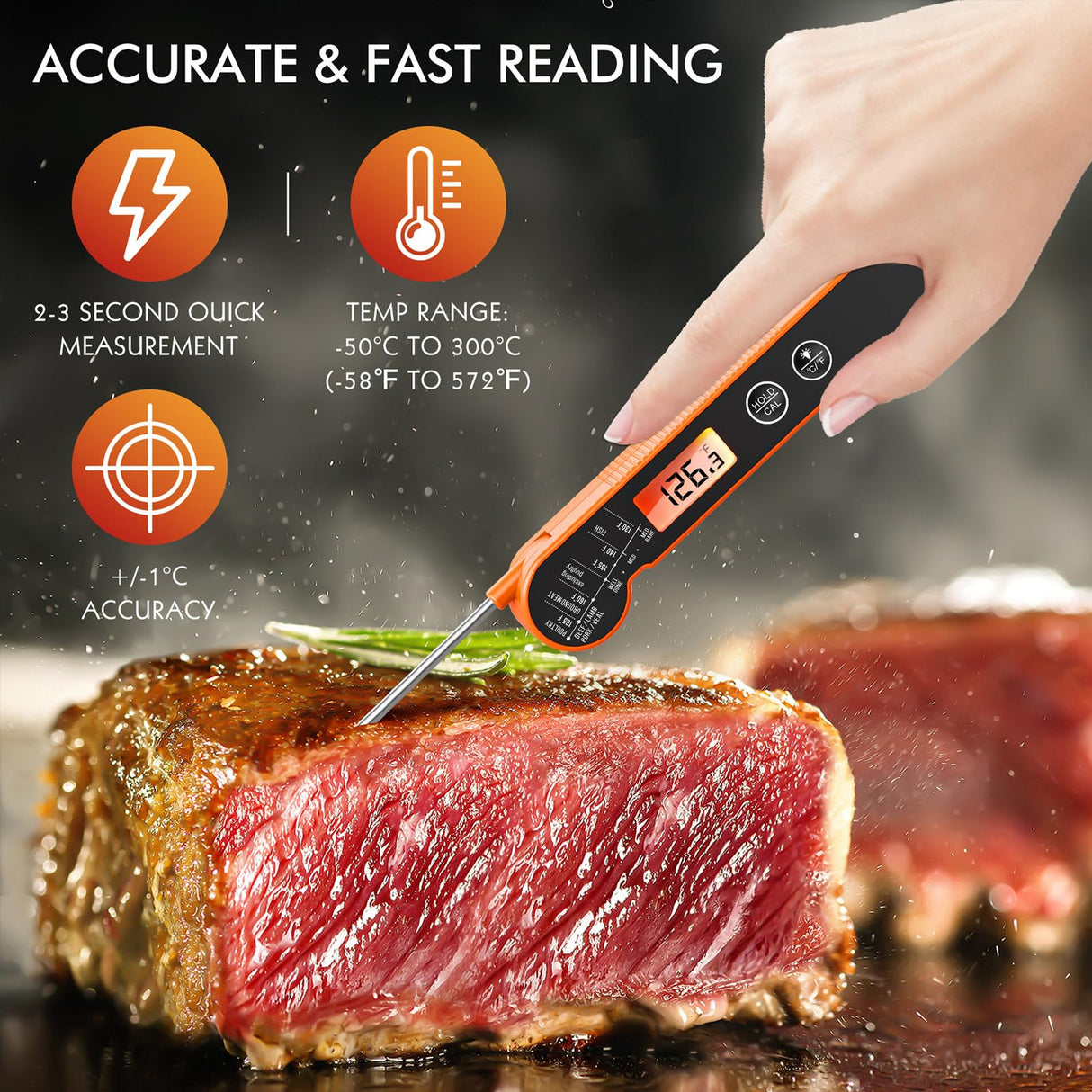 CaloriMastery Meat Thermometer Digital with Backlight, Calibration & Hold Function, IP65 Waterproof Food Thermometer for Cooking, Outdoor Grilling, Candy Making CaloriMastery