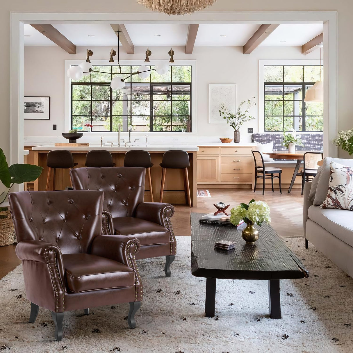 MOJAY PU Leather Accent Chair Set of 2, Mid-Century Modern Armchair Living Room Club Chair with Tufted Button & Rivet Trim, Upholstered Sofa Chair with Sturdy Wood Legs for Bedroom (Reddish Brown) MOJAY