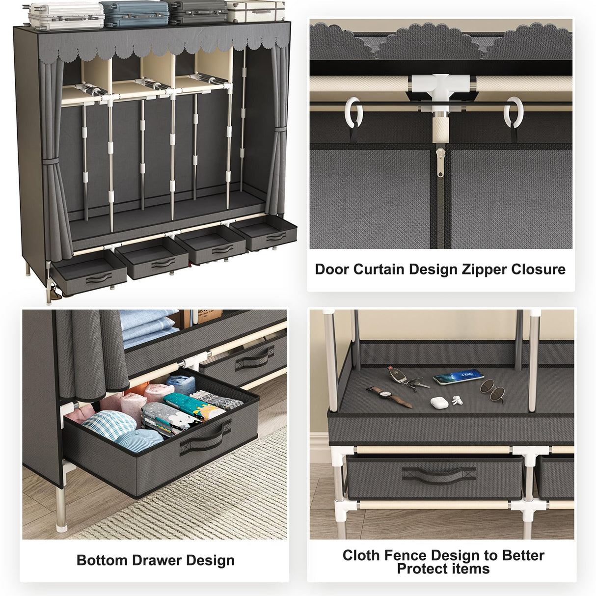 LEAIJIAFY Large Portable Armoire Wardrobe Closet with 4 Hanging Rods and Drawers,Gray Metal Storage Wardrobe Clothes Rack with Dust Cover for Hanging Clothes,67.7 in Width,Bedroom LEAIJIAFY