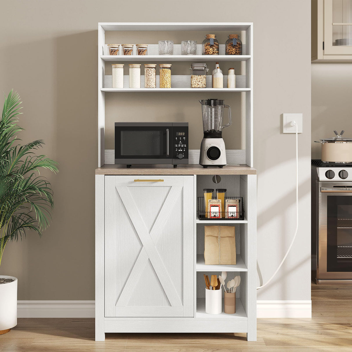 DWVO Bakers Rack Microwave Stand Cabinet with Trash Can Bin Cabinet and Power Outlet 6-Tiers Farmhouse Kitchen Tall Thickened Coffee Bar Table Station with Storage Shelf, White DWVO