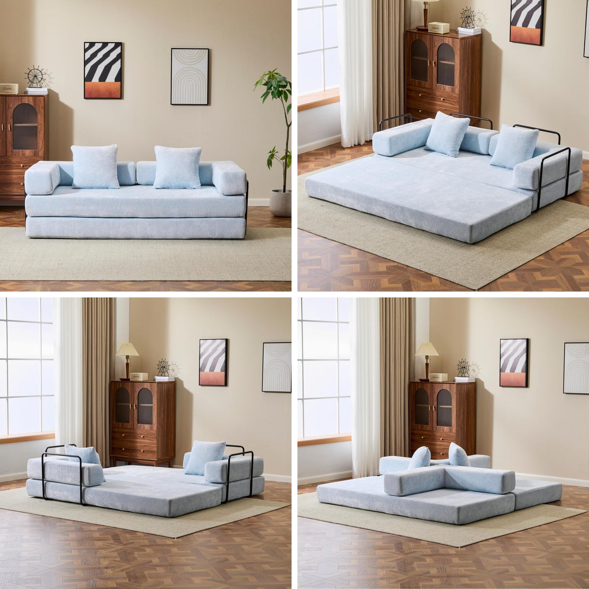 Trygoal Convertible Floor Sofa Bed, Foldable Mattress Cloud Couch with Pillow Back & Armrest, Chenille Sleeper Sofa Bed with Fixed-Shape Frame, Compressed Couch for Living Room Bedroom, Light Blue Trygoal