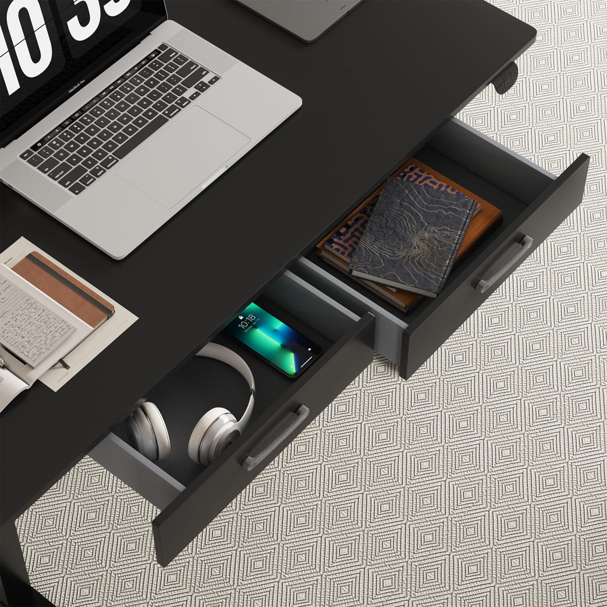 Our Modern Space 2-Drawer Height Adjustable 45" Electric Standing Desk - Upgraded Ultra Durable Home Office Large Rectangular Computer Table or Laptop Sit Stand Workstation - Black Our Modern Space