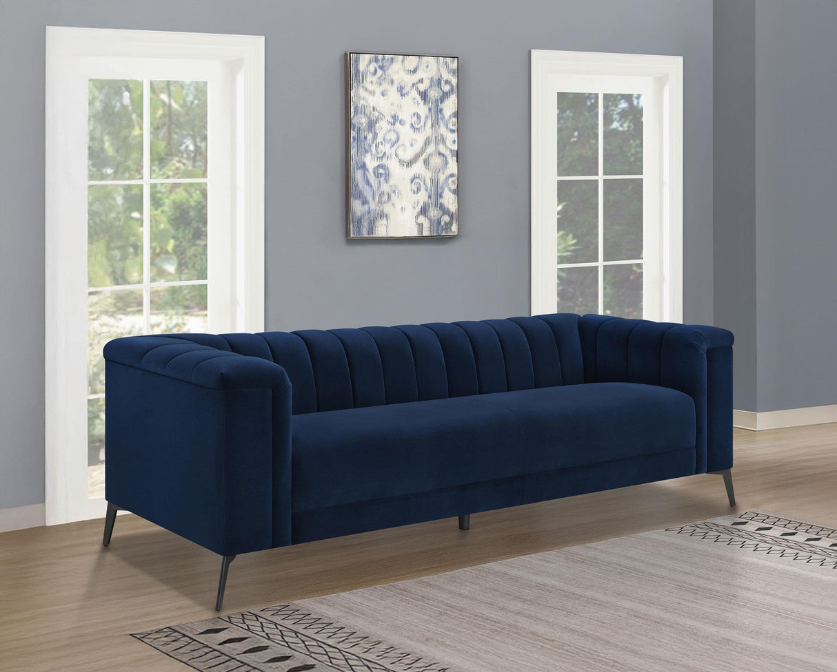 Coaster Home Furnishings - Chalet - Matte Velvet Fabric Upholstered Stationary Tufted Sofa with Tuxedo Arm and Pocket Coil Springs - Contemporary - Living Room - Blue - 509211 Coaster Fine Furniture