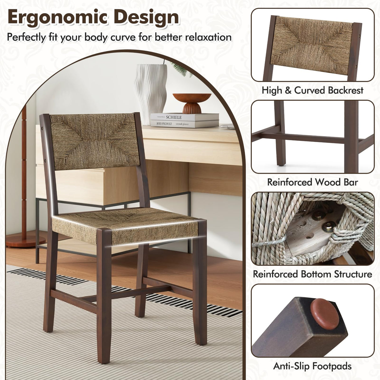 GOFLAME Wooden Dining Chairs Set of 2, Boho Farmhouse Cane Chairs with Natural Weave Seagrass Rattan Backrest & Seat, Armless Rattan Accent Chairs with Solid Wood Frame for Kitchen Dining Room GOFLAME