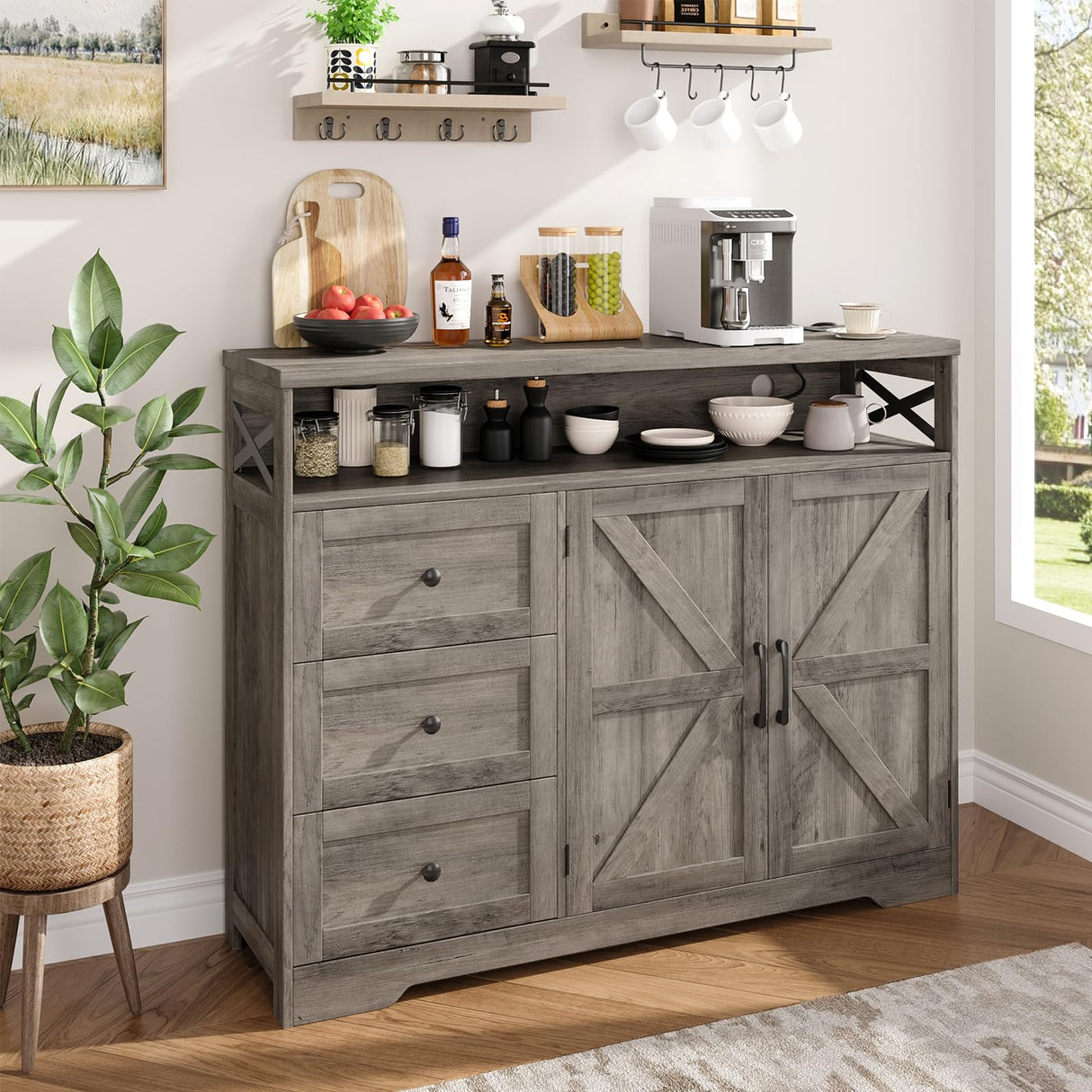 47''W Farmhouse Buffet Sideboard with Charging Station and 3 Drawers, Coffee Bar Cabinet Buffet Cabinet with Shelf, Rustic Accent Cabinet with Storage for Kitchen, Living Dining Room, Rustic Grey Vabches
