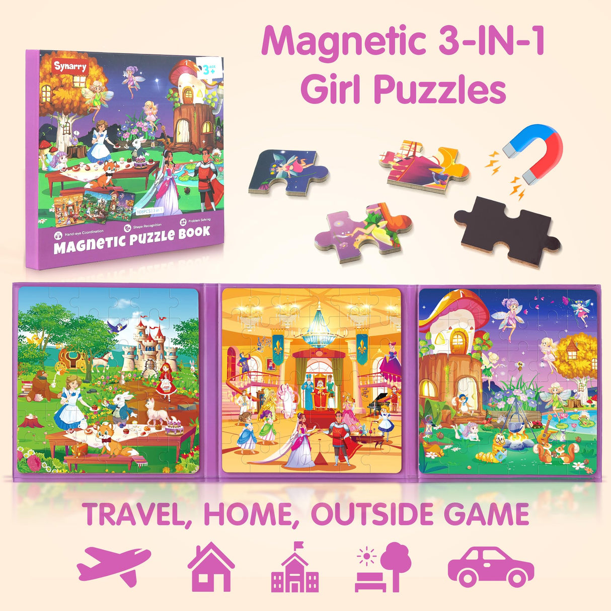 SYNARRY Princess Fairy Party Magnetic Puzzles for Toddlers 3-5 Girls, 36 Pieces Travel Puzzles for Kids Ages 4-6, Airplane Car Road Trip Activities Games Toys for 3 4 5 6 Year Old Girls Birthday Gifts SYNARRY