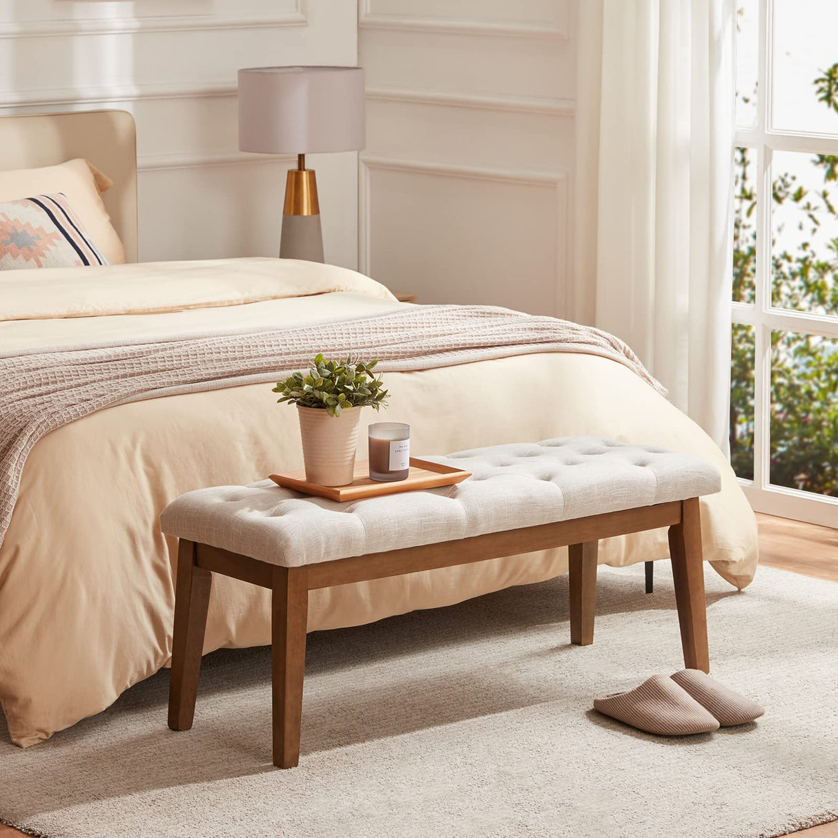 HUIMO Bedroom Bench for End of Bed, Upholstered Dining Seat for Kitchen, Button-Tufted Ottoman Bench for Entryway and Living Room, Beige HUIMO