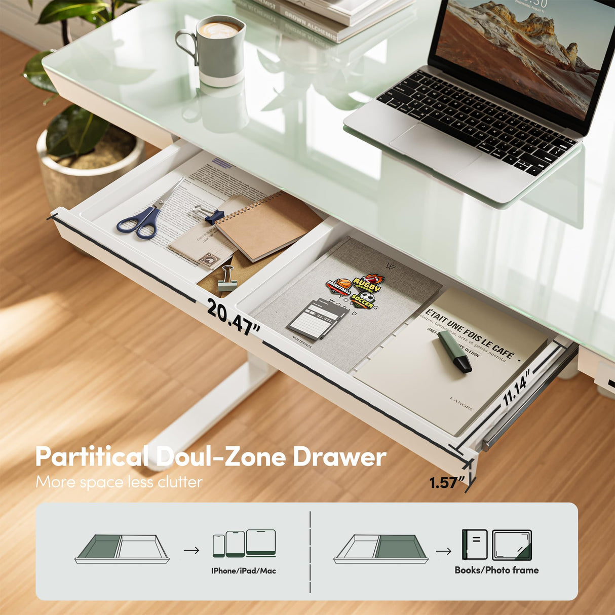 FEZIBO 48 × 24 Electric Standing Desk with Drawers, Whole-Piece Glass Adjustable Height Desk, One-Piece Quick Install Adjustable Sit Stand Desk, White FEZIBO