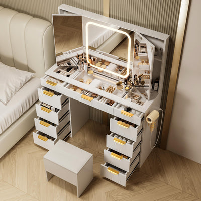 Pamapic 11 Drawers Vanity Desk with Foldable Mirror, Glass Top Makeup Vanity with LED Lights, 3 Lighting Modes, Golden Handles Dressing Table with Chair and Power Outlet