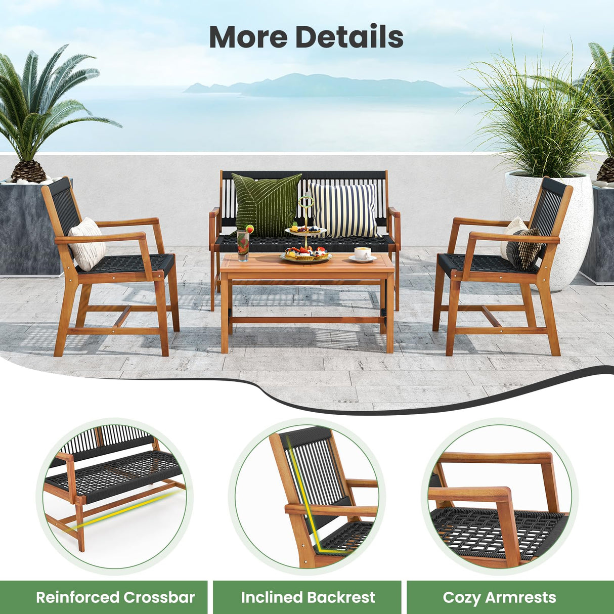 HAPPYGRILL 4 Pieces Patio Furniture Set Acacia Wood Conversation Set with Hand-Woven Rope Design, Ergonomic Loveseat & Single Chairs, Wooden Chair & Table Set for Porch Yard Poolside HAPPYGRILL
