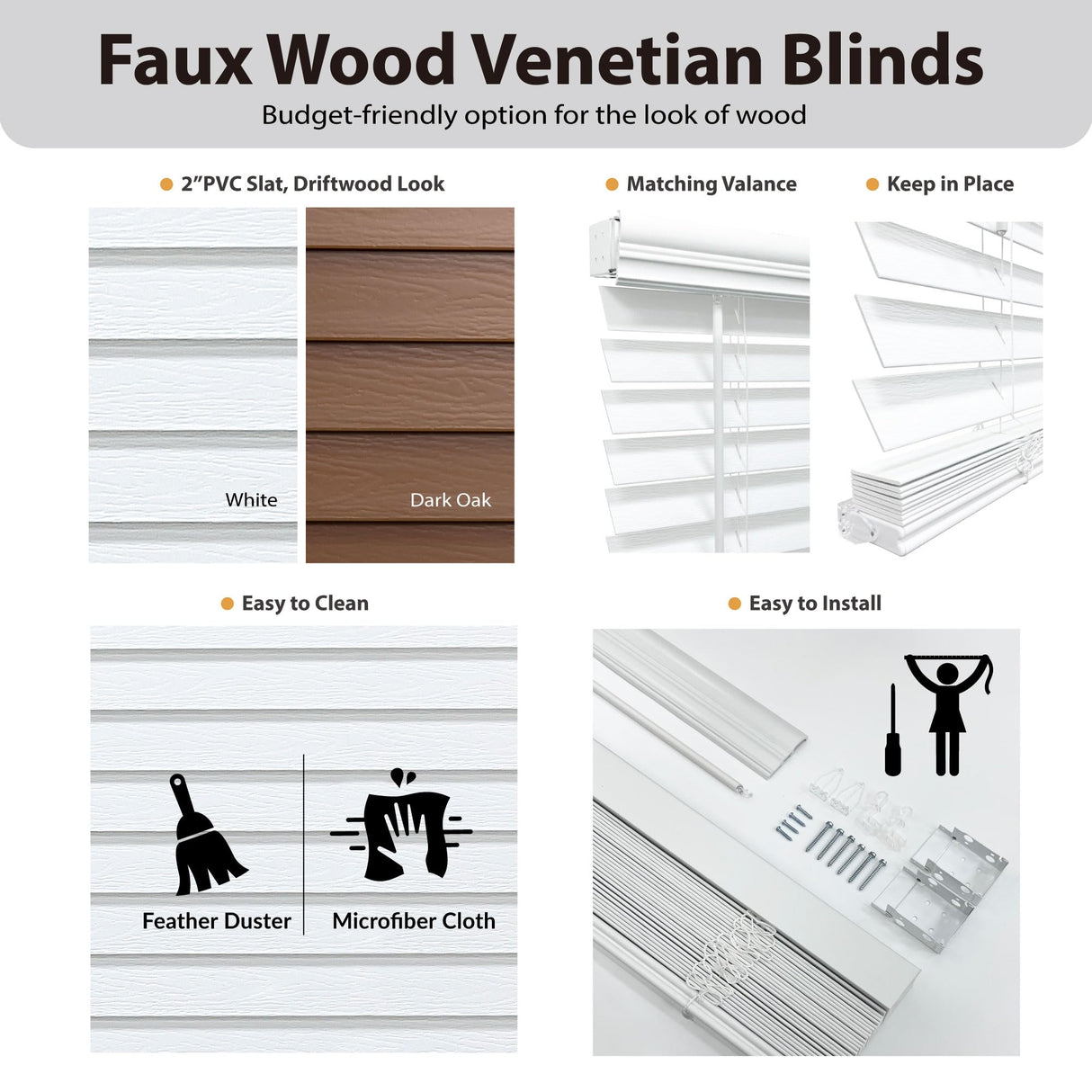 DEZ FURNISHINGS Cordless 2" Signature Faux Wood Blind, 31" W x 64" H, Snow White DEZ FURNISHINGS