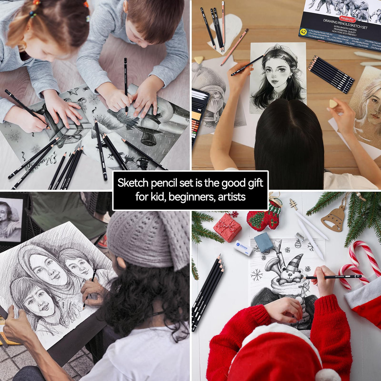 PANDAFLY Drawing Sketching Pencil Set, 42 Pack Pro Art Pencil Kit with Graphite Pencils (14B-4H), Charcoal Pencil, Ideal for Shading, Blending, Drawing Set for Beginners & Pro Artists PANDAFLY