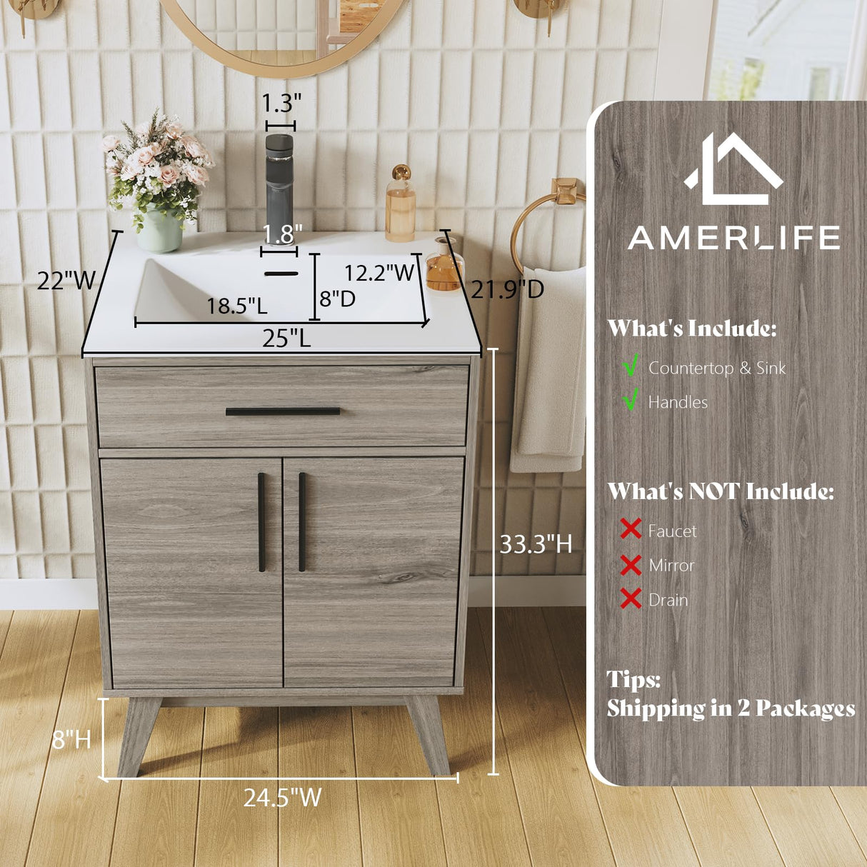 AMERLIFE 24.5" Bathroom Vanity with Sink Combo, Mid-Century Modern Small Single Bathroom Cabinet Set, Integrated Sink, Soft Closing Doors with Metal Handles, Bath Vanity Grey AMERLIFE