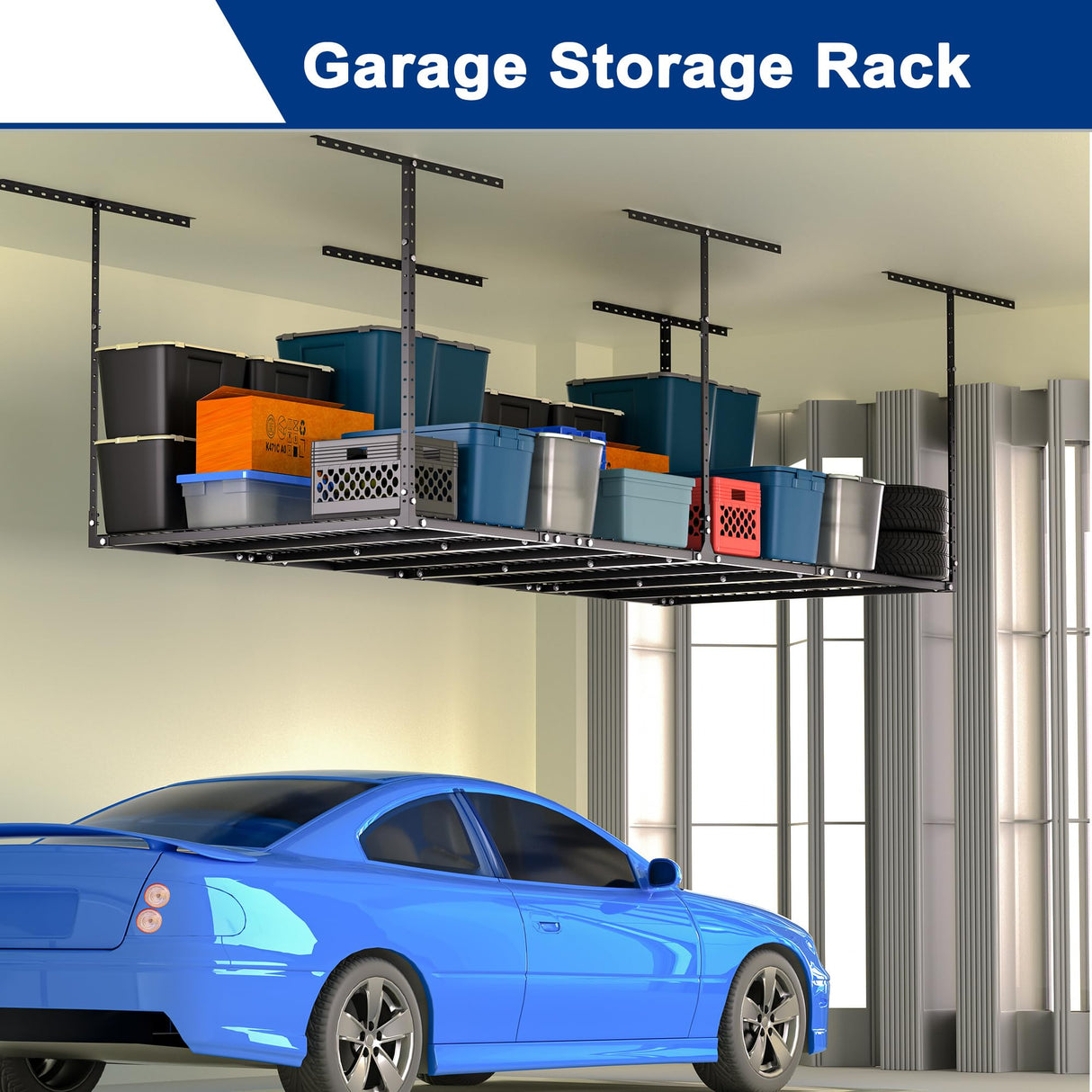 GIOTORENT 3x8FT Overhead Garage Storage Rack, Heavy Duty Metal Garage Ceiling Storage Racks, Adjustable Garage Shelving/Garage Organization/Garage Storage Shelves, 600lbs Weight Capacity, Black GIOTORENT