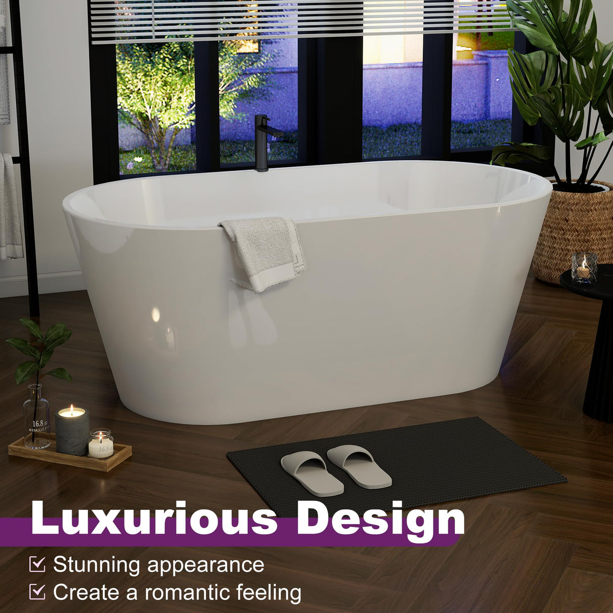 HIGREENA 55" Acrylic Freestanding Bathtub, Glossy White Soaking Tub, Stand Alone Tub, Oval Bathtub with Chrome Overflow and Drain, Free Standing Tub for Bathroom HIGREENA