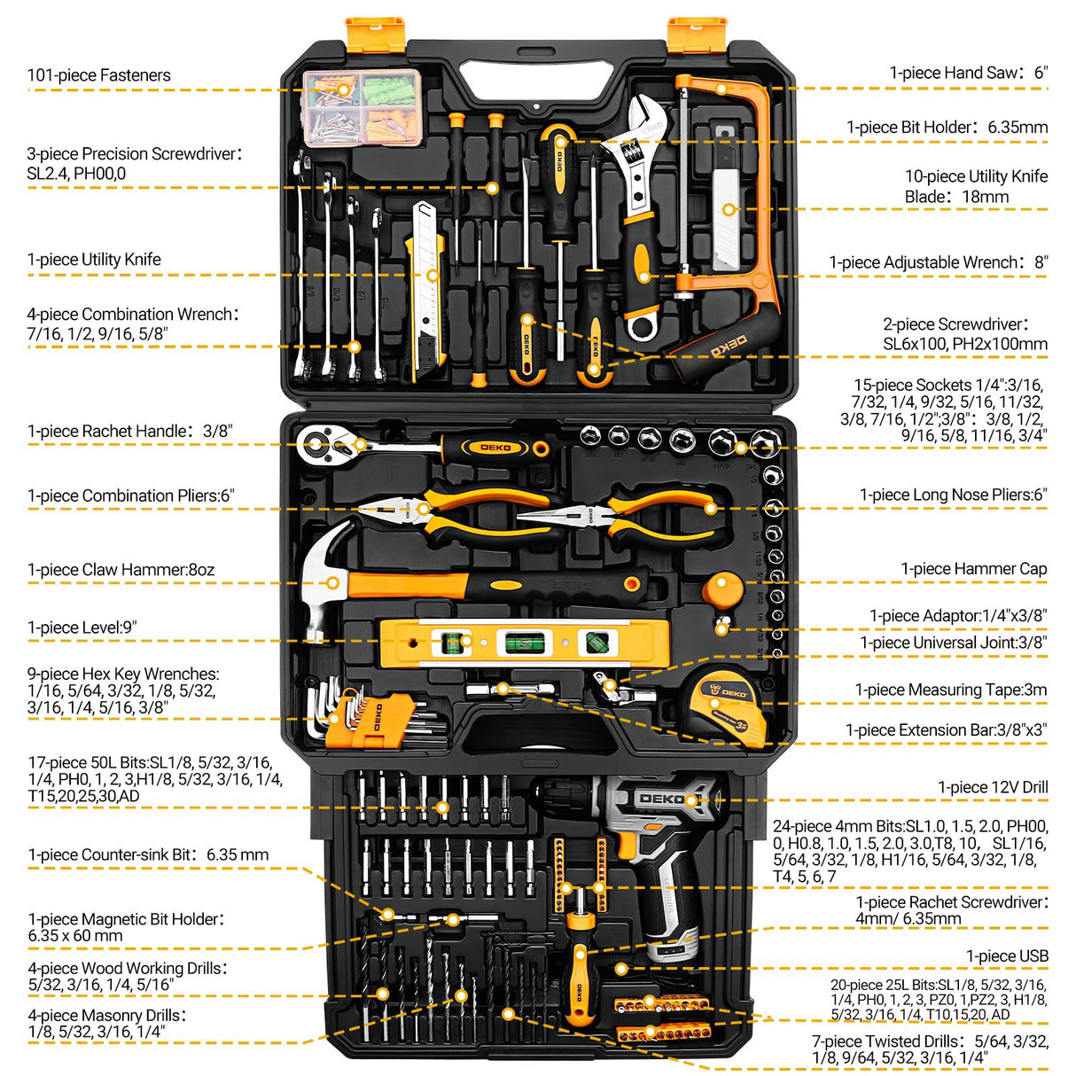 Tool Kit Box Drill Set:DEKOPRO Home Mechanic Toolbox with 12V Power Cordless Drill Hand Repair Tools Sets Combo Kits Storage Organizer Drawer Case for Men DEKOPRO