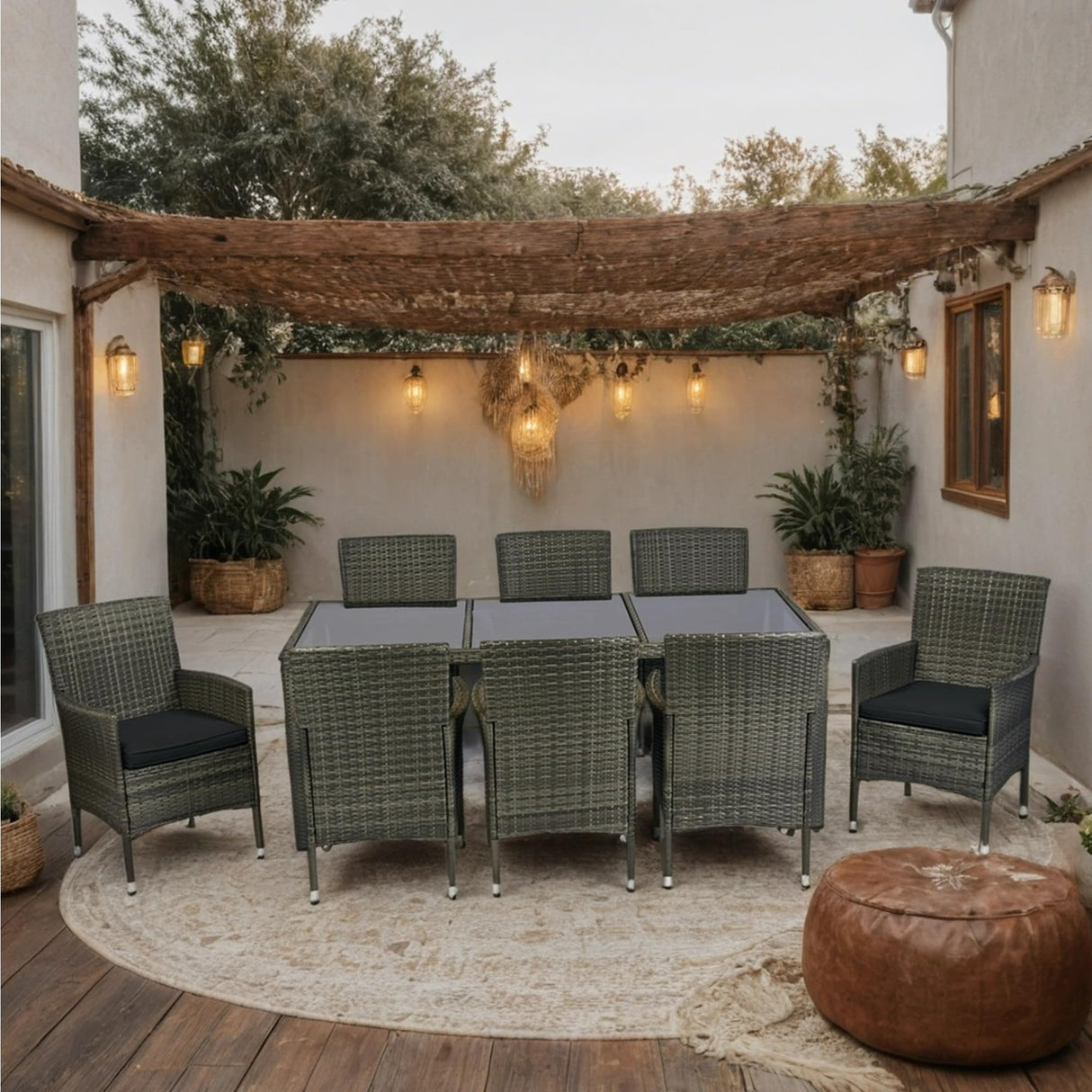 KEIKI 9 Piece Patio Dining Table Outdoor Furniture Set, 8 Wicker Chairs with Cushions & 74.8" Glass Top Dining Table, All Weather Dining Set for Lawn, Garden, Backyard, Poolside, Black & Grey KEIKI