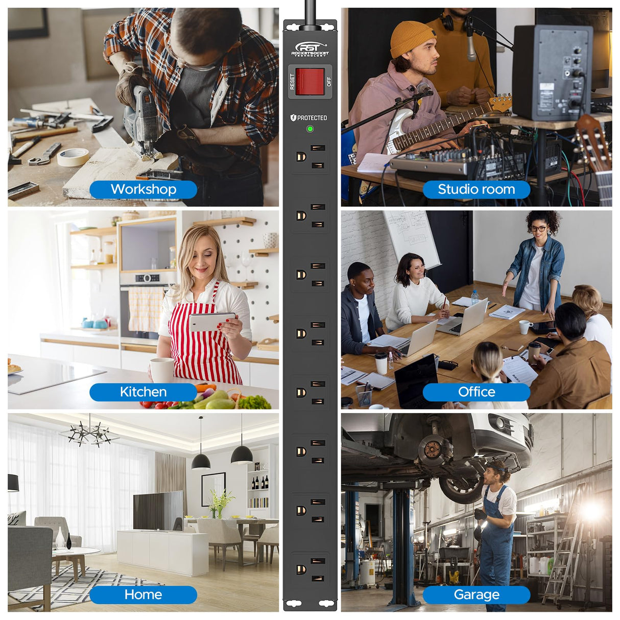 CRST 8 Outlet Metal Heavy Duty Power Strip, 2100J Power Strip Surge Protector, 6FT Cord Mountable Power Strip for Home Office Garage Workshop School, Wide Spaced Industrial Power Strip15A/1875W CRST