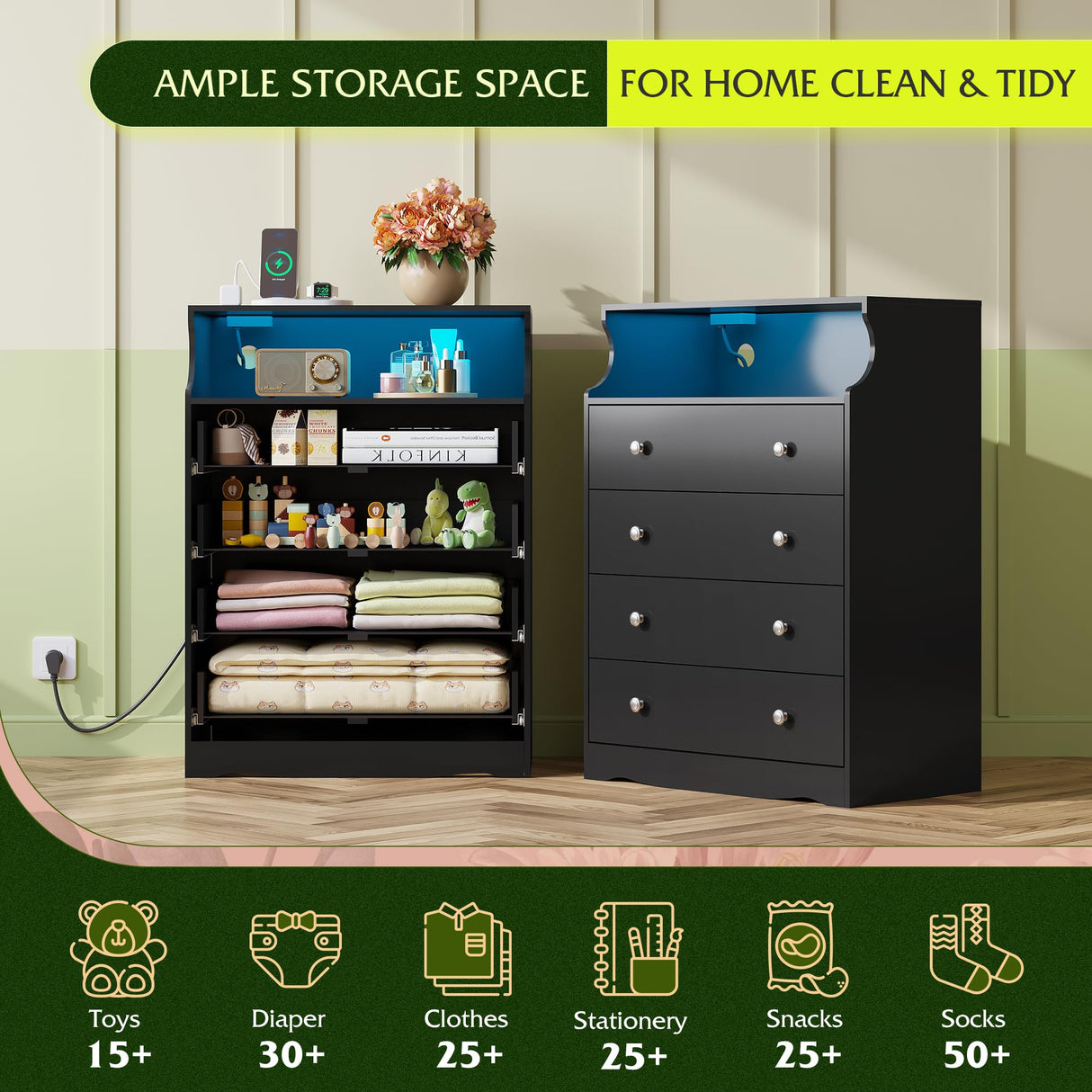 WLIVE Black LED Dresser for Bedroom, Tall Wood Dresser with 4 Drawers and Open Shelf, Chest of Drawers with Charging Station and LED Lights for Living Room, Hallway, Closet WLIVE