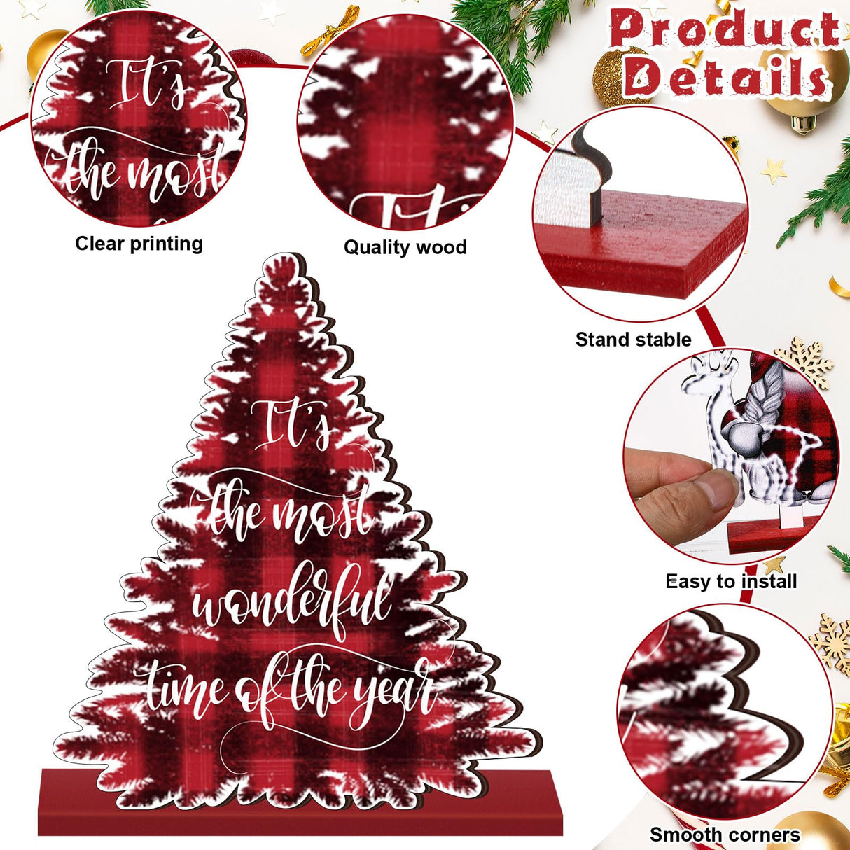 CroBlissful 6 Pcs Christmas Table Decorations Winter Centerpiece Buffalo Plaid Red Black Gnome Signs Farmhouse Wooden Table Top Signs Rustic Christmas Decor for Office Desk Indoor Tiered Tray Decor CroBlissful