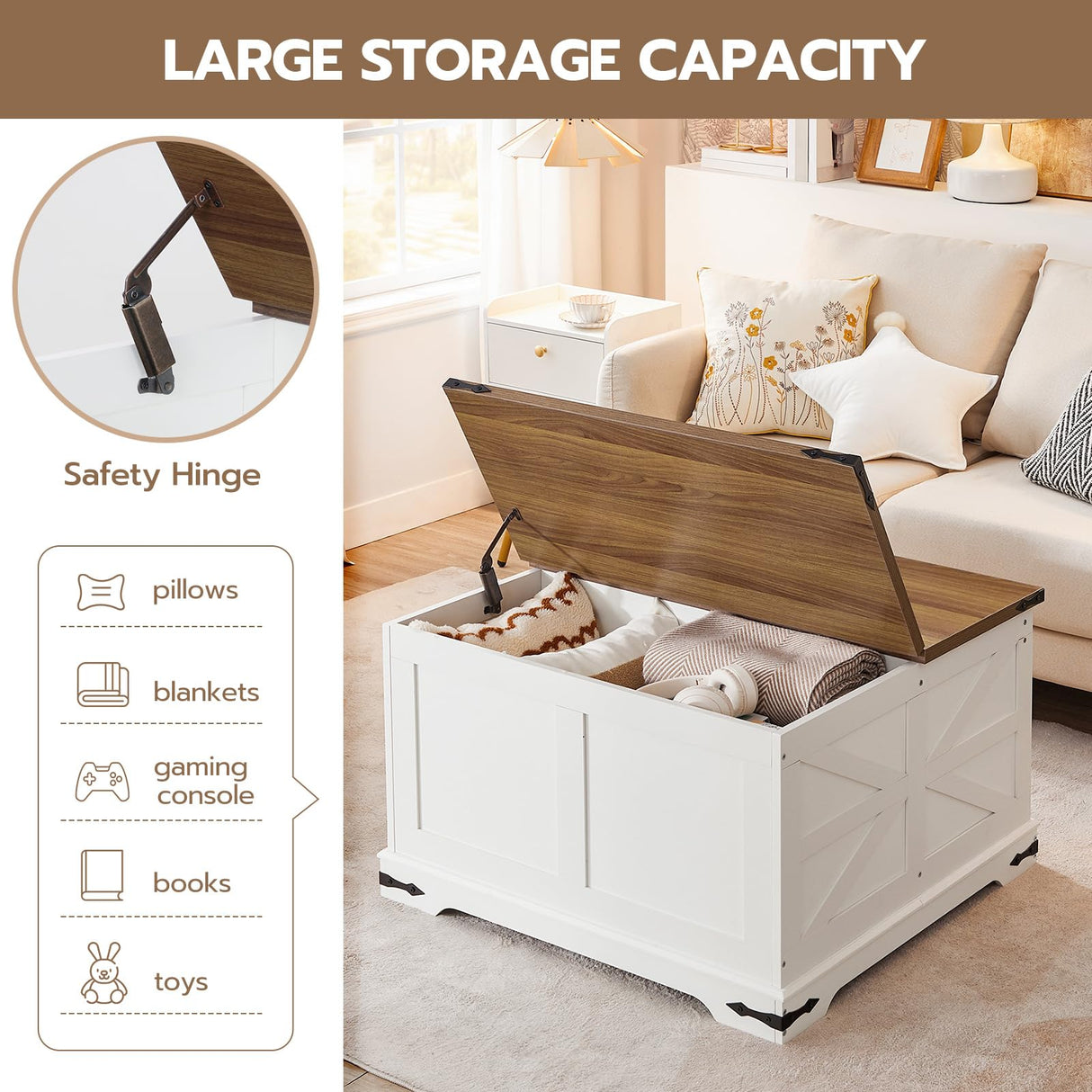 HOOBRO Farmhouse Coffee Table, Large Square Coffee Table for Living Room, Lift Top Coffee Table Square, Wooden White Coffee Table with Barn Door, Hidden Space, White and Walnut WH80KF01 HOOBRO