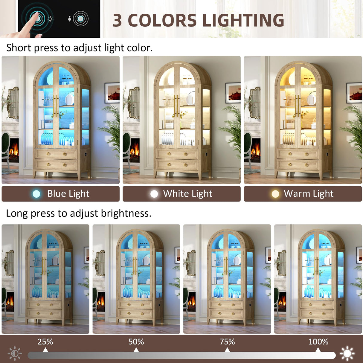 Vlsrka 71" Arched Curio Cabinet with Glass Doors, 4-Shelves Display Cabinet and 2 Drawers, Display Case with 3 Color Lights, Tall Bookcase, Kitchen Pantry, Wood Color Vlsrka