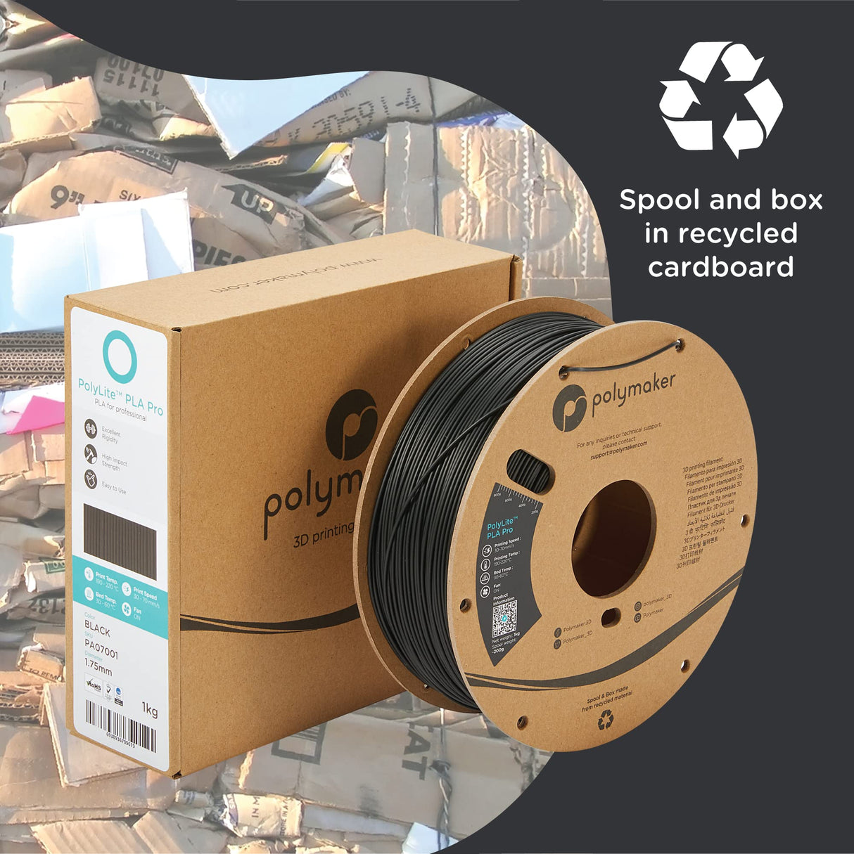 Polymaker PLA PRO Filament 1.75mm 1kg, Tough & High Rigidity Black 3D Printing Filament, PolyLite PLA PRO 3D Printer Filament 1.75mm, Print with Most 3D Printers POLYMAKER