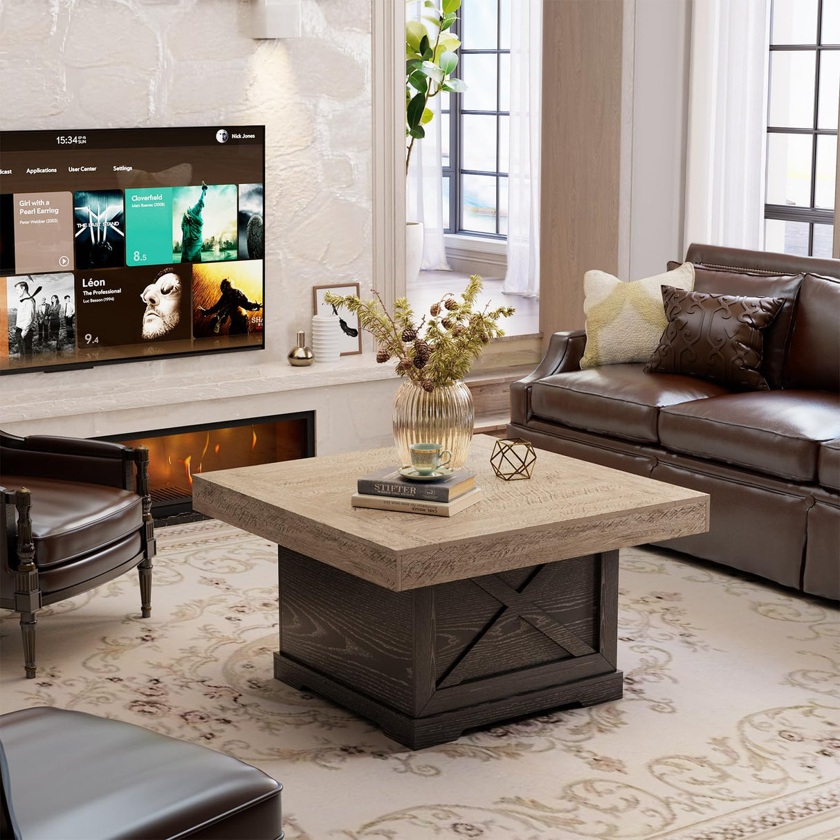 Lareth Coffee Table 31.5 in Rustic Center Table with X Design Wooden Pedestal for Living Room, Dark Oak Square Home Office Sofa Side Table for Small Space, Easy Assembly, Space-Saving Lareth